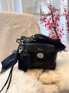 Coach Black Leather Crossbody with Bow Charm and Front Flap